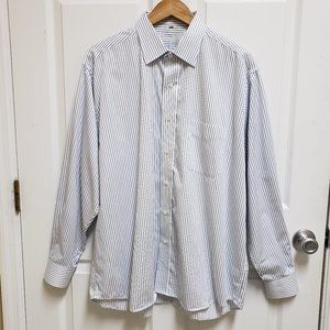 Alexandre London 17" Neck Button Front Shirt Blue White Striped Preppy Classic